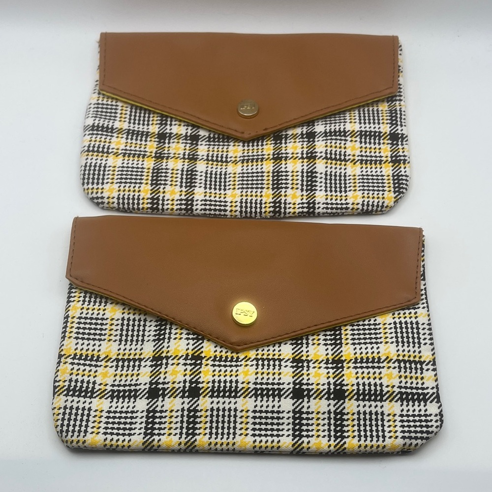 2 Ipsy Cosmetic Pouches in Brown and Yellow Plaid